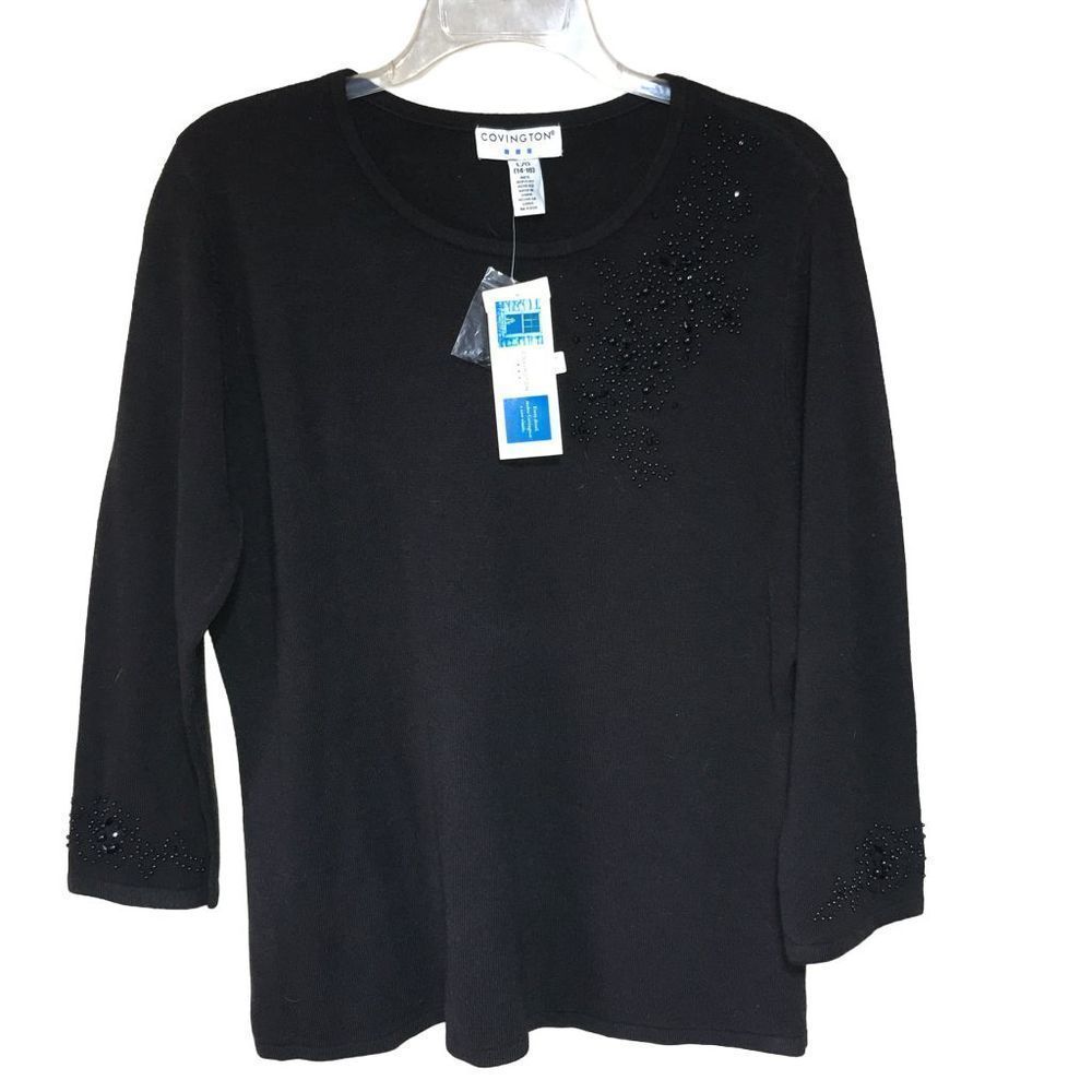 NWT black beaded 3/4 sleeve sweater size L by Covington soft